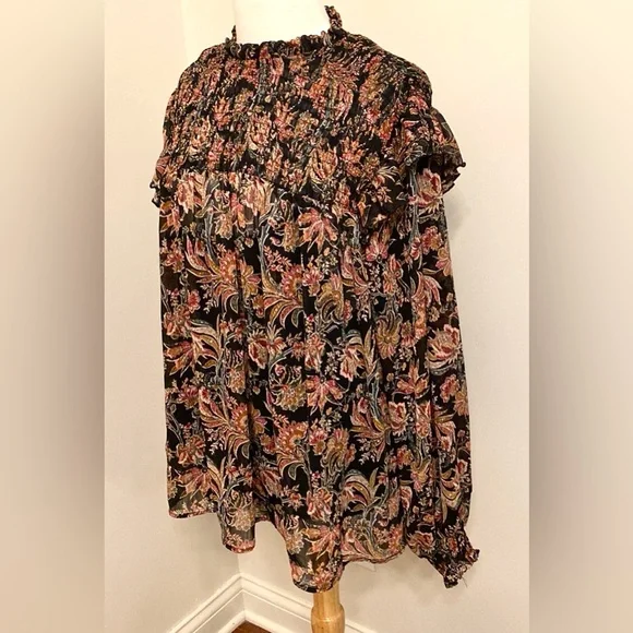 Ophelia Roe Black Red Green Floral Smocked Balloon Sleeve Ruffled Hem Top SZ 3X - Picture 5 of 15
